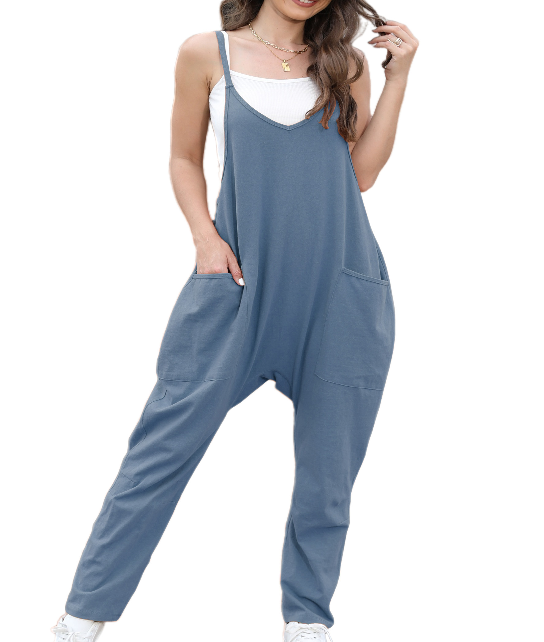 Women’s Sleeveless V-Neck Loose Jumpsuit With Patch Pockets