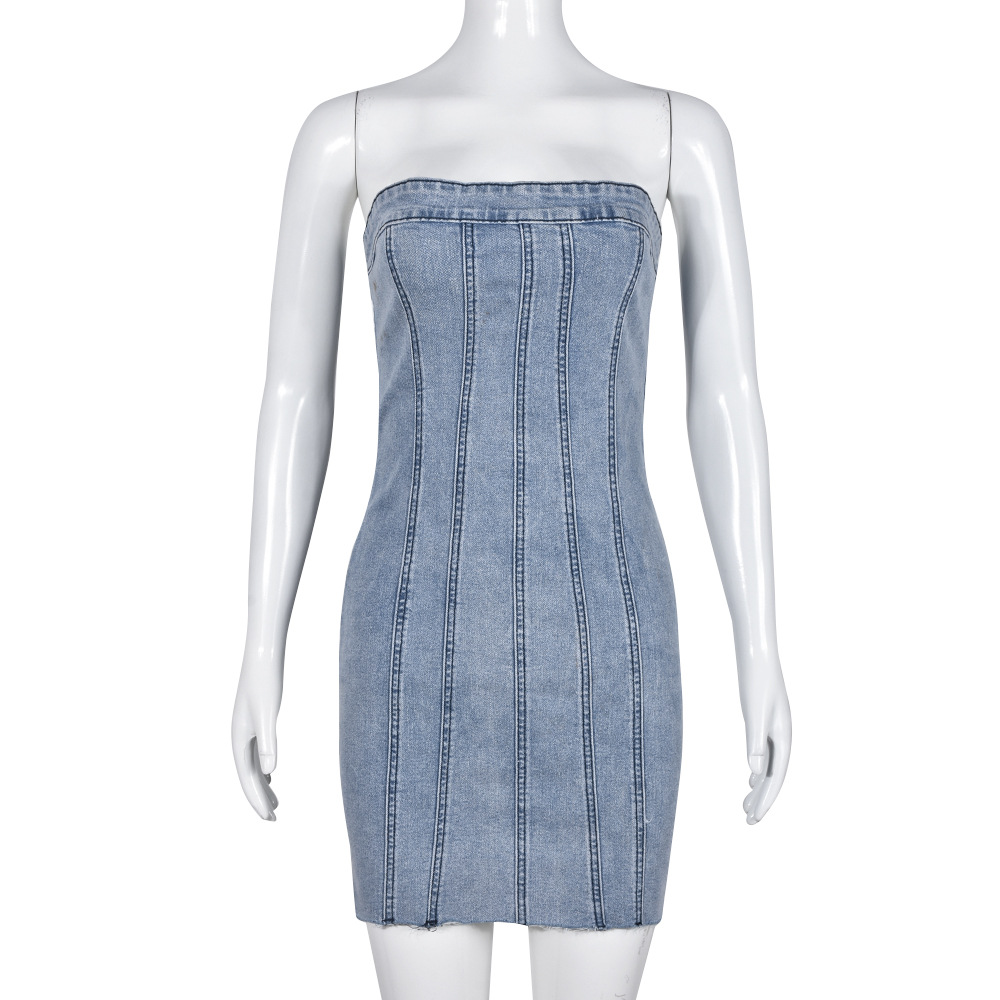 Women's Strapless Denim Mini Dress with Panel Seams