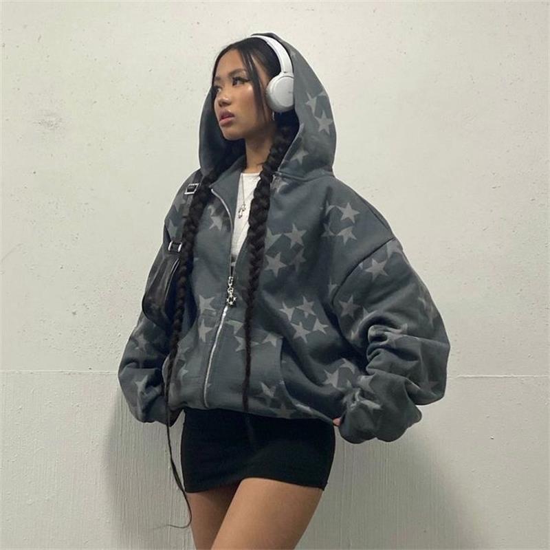 Stars Printed Zipper Hooded Cardigan Couple Fashion Outerwear Hoodies Sweatshirt Street Me