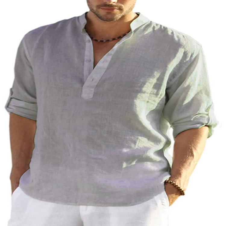 Men’s Stand Collar Roll-Sleeve Henley Shirt
