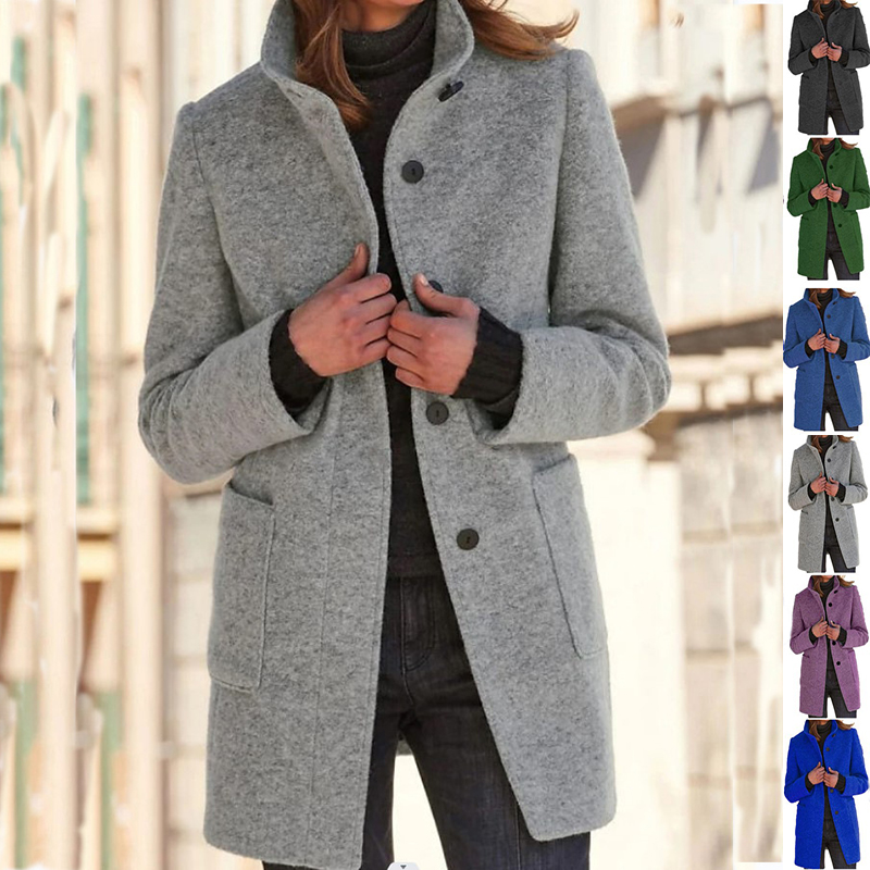 Women's Textured Stand Collar Button Front Coat With Pockets