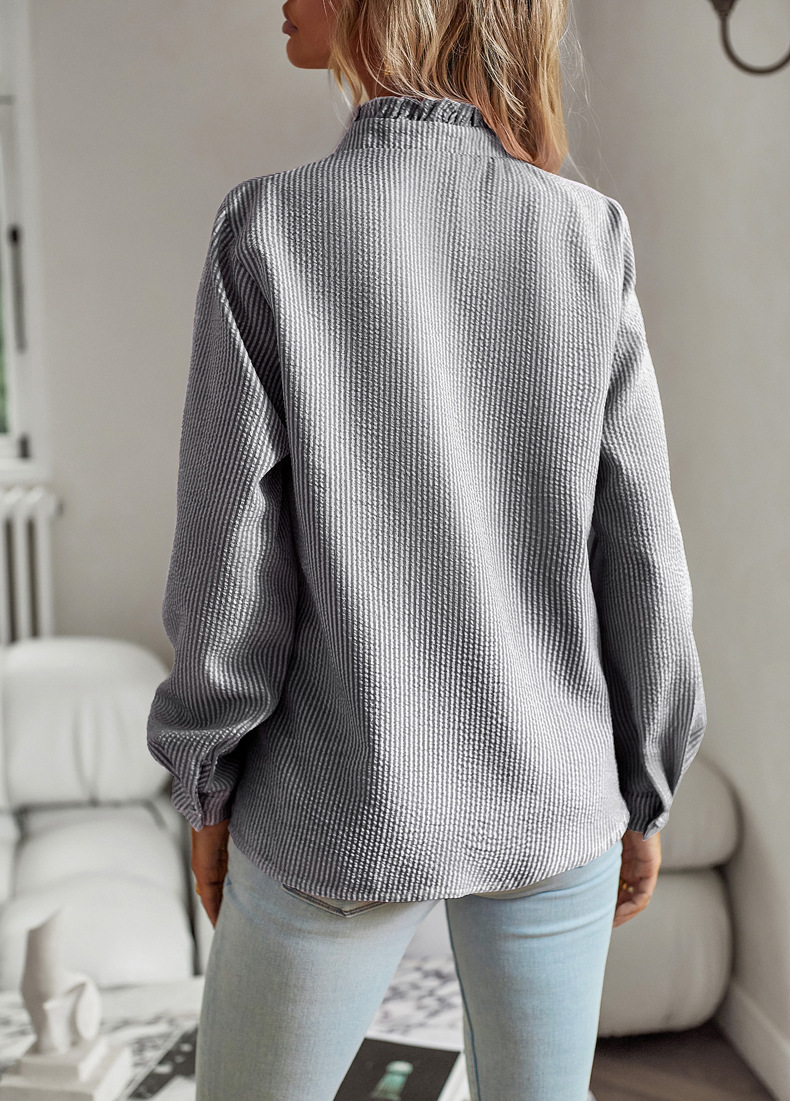 Striped Long Sleeve Shirt Fashion Ruffle Design Button Up Tops Casual Office Blouse Elegan