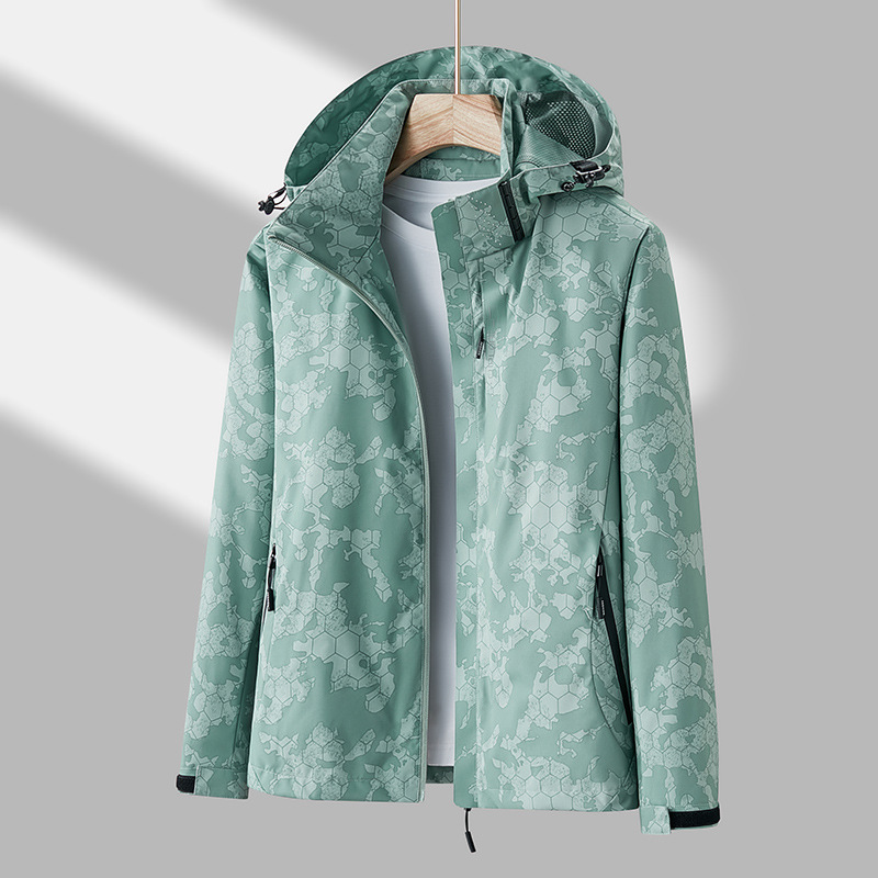 Unisex Hooded Hexagon Print Zip-Up Windbreaker Jacket