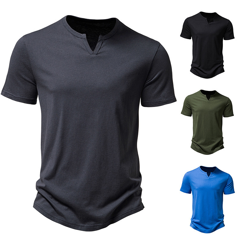 Men's Cotton Notched Collar Short-Sleeved Curved Hem T-Shirt