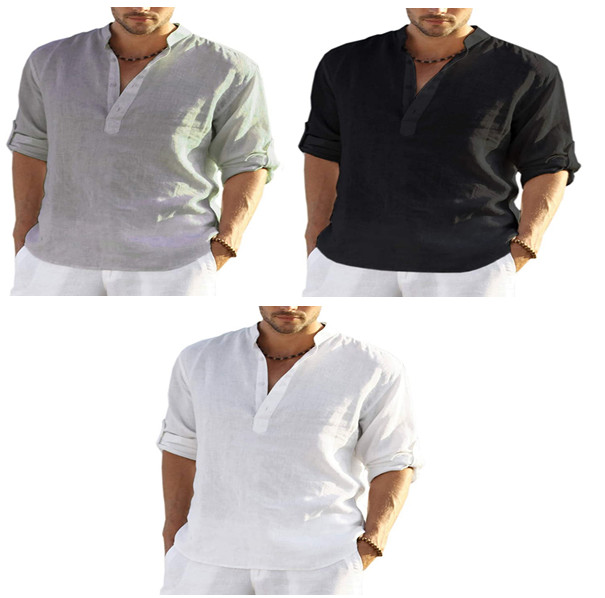 Men’s Stand Collar Roll-Sleeve Henley Shirt