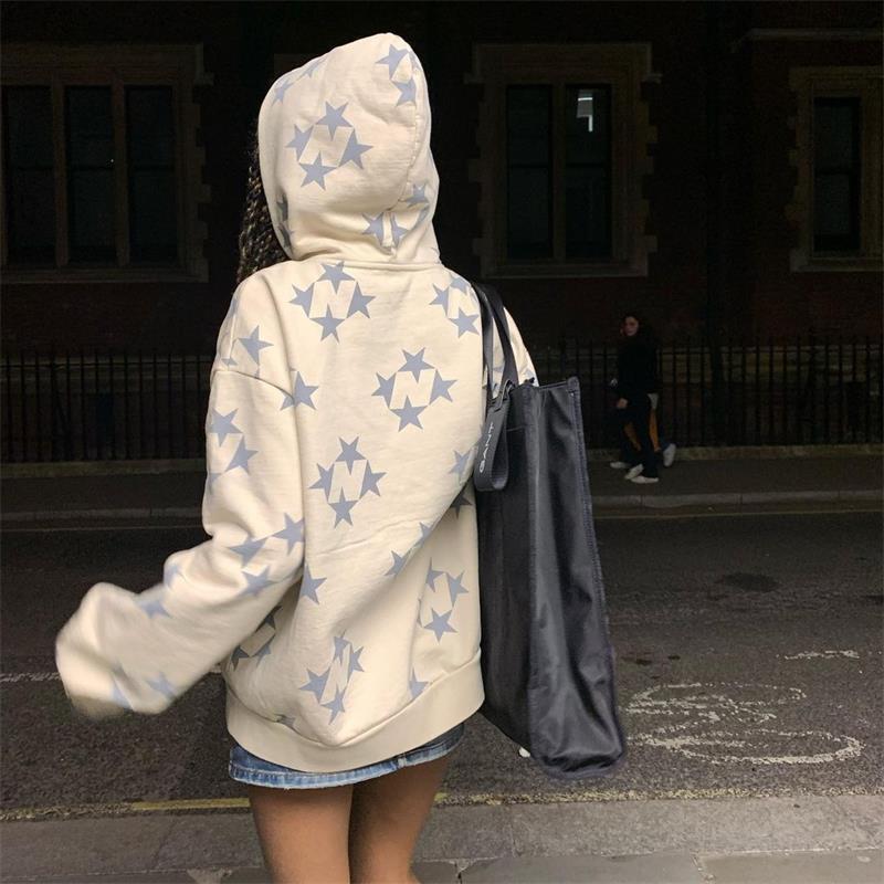 Stars Printed Zipper Hooded Cardigan Couple Fashion Outerwear Hoodies Sweatshirt Street Me