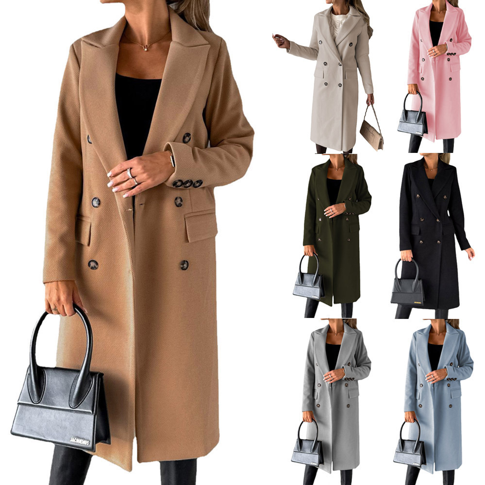 Women's Long Double-Breasted Lapel Coat with Flap Pockets