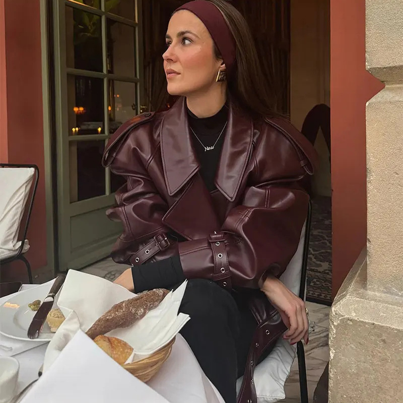 Women's Cropped PU Jacket with Wide Lapels and Statement Sleeves