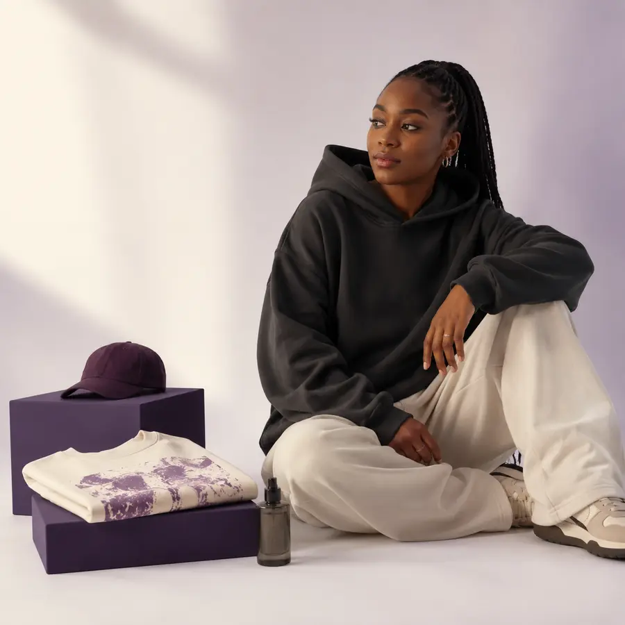 Person wearing a charcoal hoodie and cream trousers beside folded streetwear and a plum scent atomiser