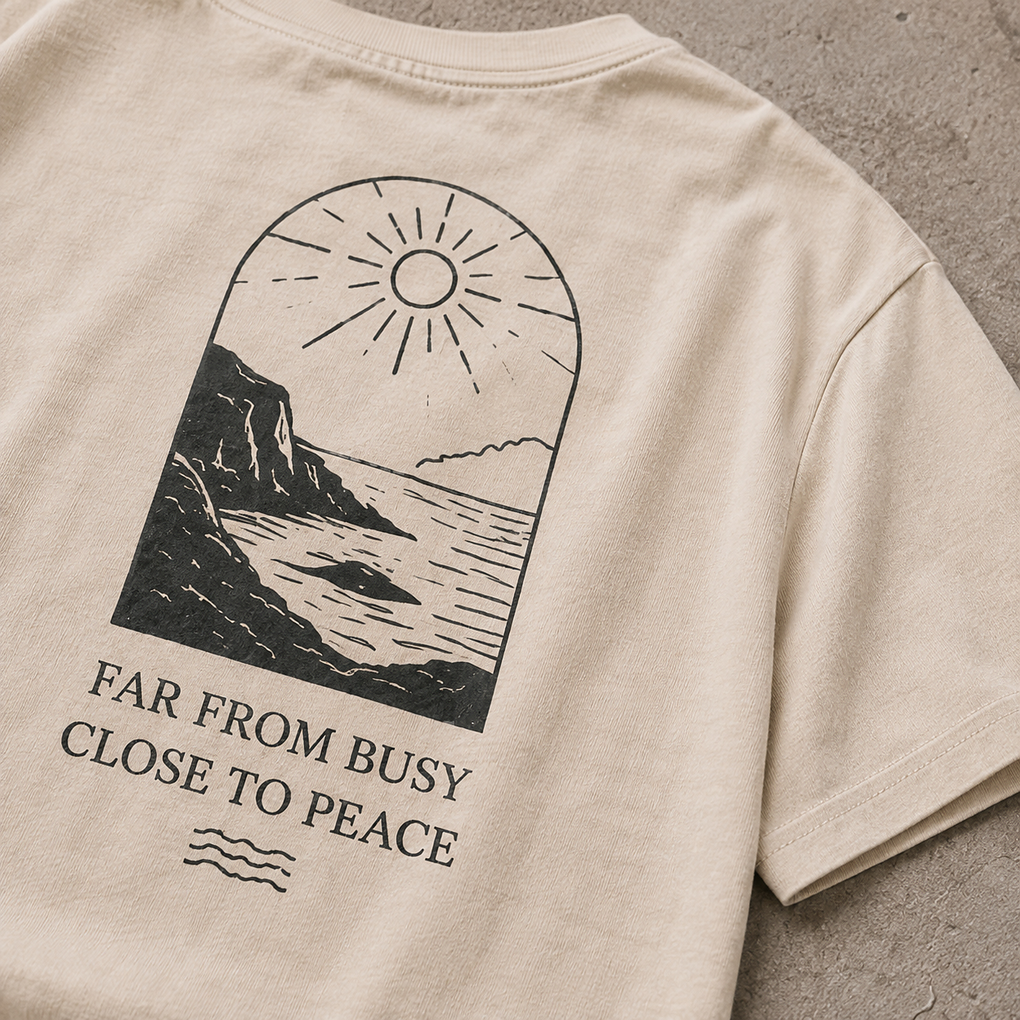 Coastline Escape Tee Natural close-up of fabric print and stitching