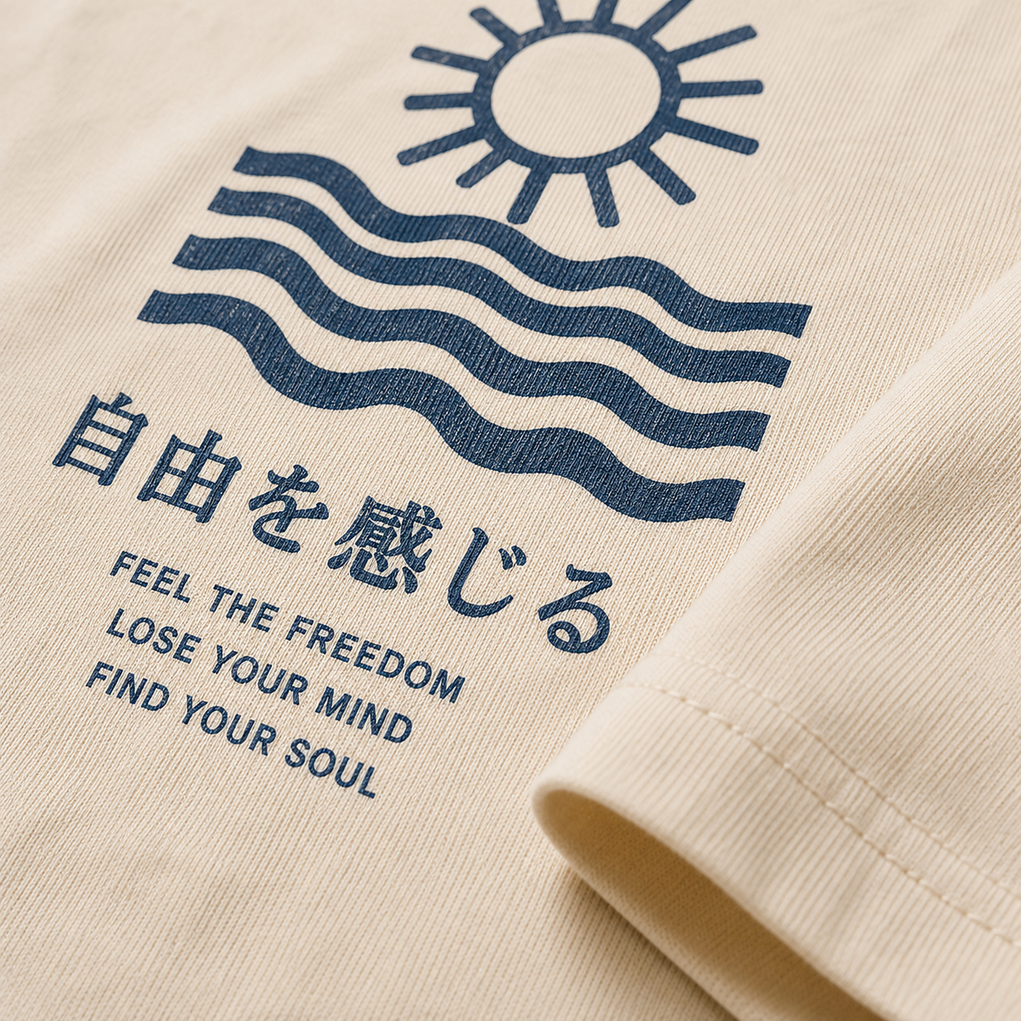 Wave & Horizon Tee Natural close-up of fabric print and stitching