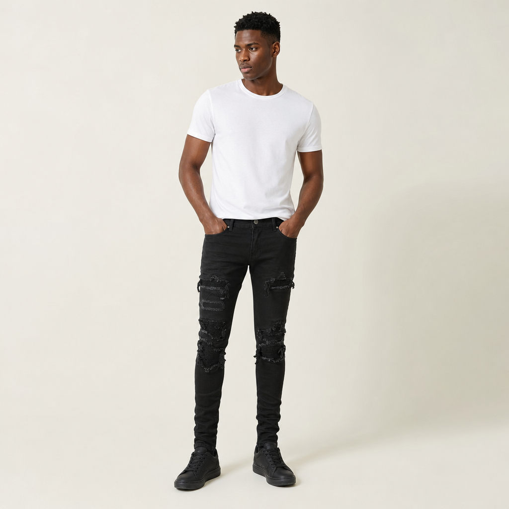 Men’s Black Skinny Jeans with Distressed Patchwork Details