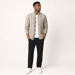 Men’s Cable Knit Button-Front Cardigan with Stand Collar Pockets