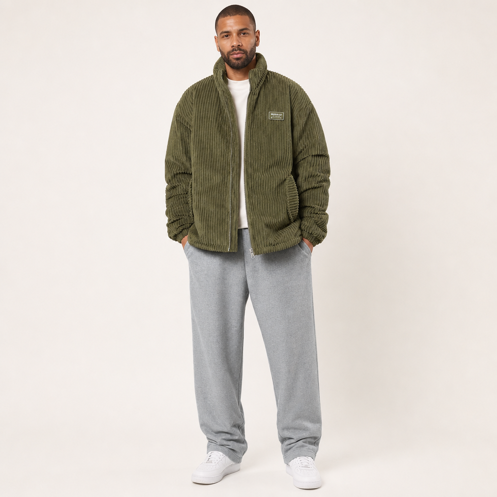 Men’s Corduroy Padded Zip Jacket with Stand Collar