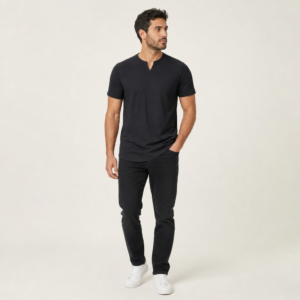 Men’s Cotton Notched Collar Short-Sleeved Curved Hem T-Shirt