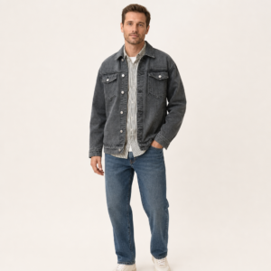 Men’s Denim Jacket with Point Collar and Chest Pockets