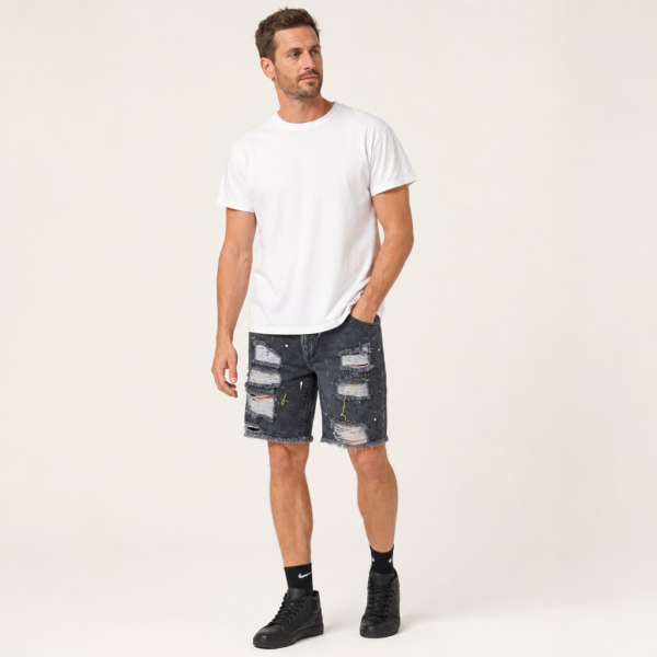 Men’s Distressed Denim Shorts with Frayed Hems and Paint Flecks