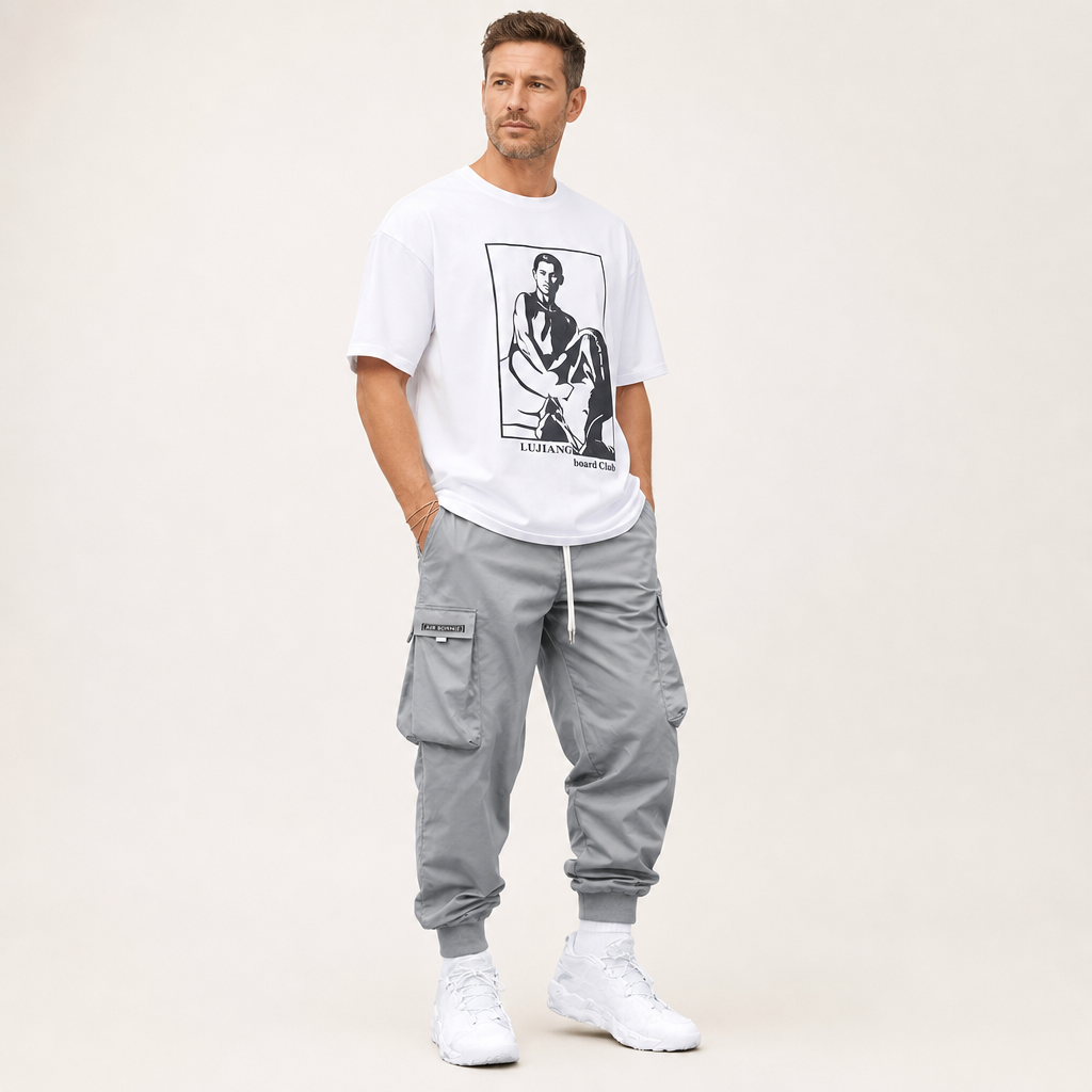 Men’s Loose Fit Cargo Trousers with Drawstring Waist and Cuffs