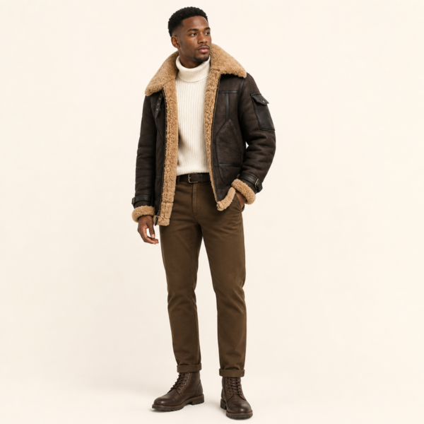 Men’s Shearling-Trim Zip Jacket with Multiple Pockets