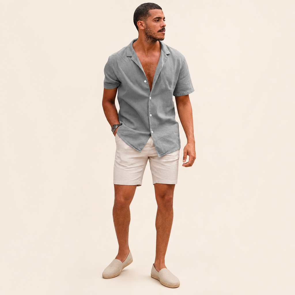 Men’s Short Sleeve Button-Front Shirt with Lapel Collar in Colour: Gray