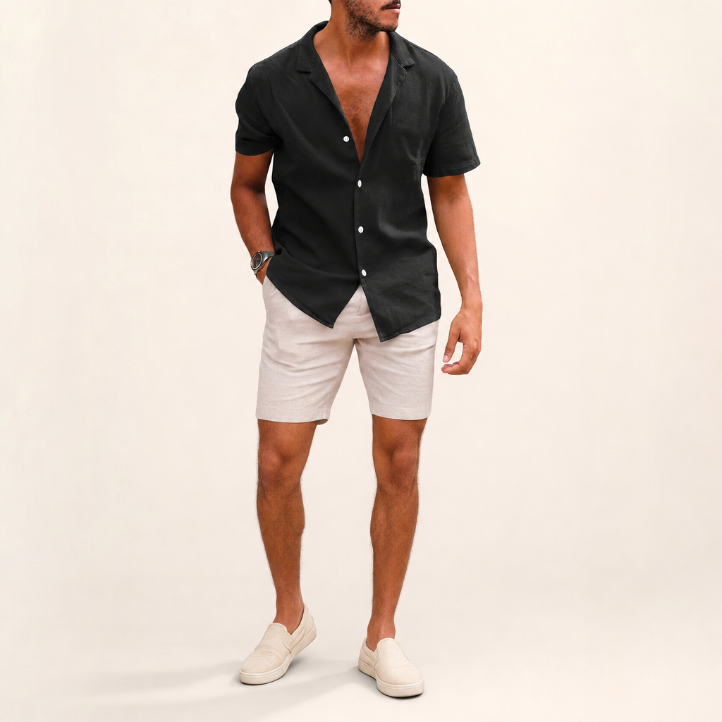 Men’s Short Sleeve Button-Front Shirt with Lapel Collar in Colour: Black