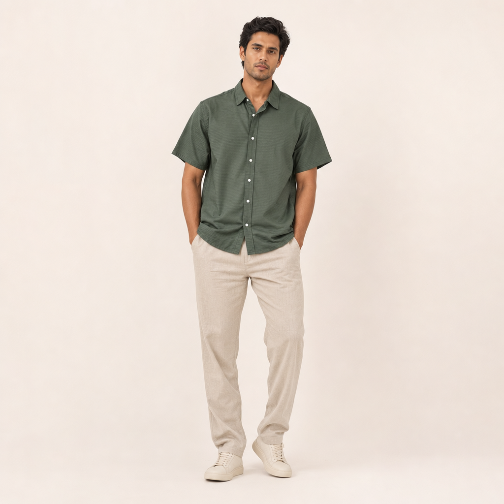 Men’s Short Sleeve Button-Front Shirt with Lapel Collar in Colour: Army Green