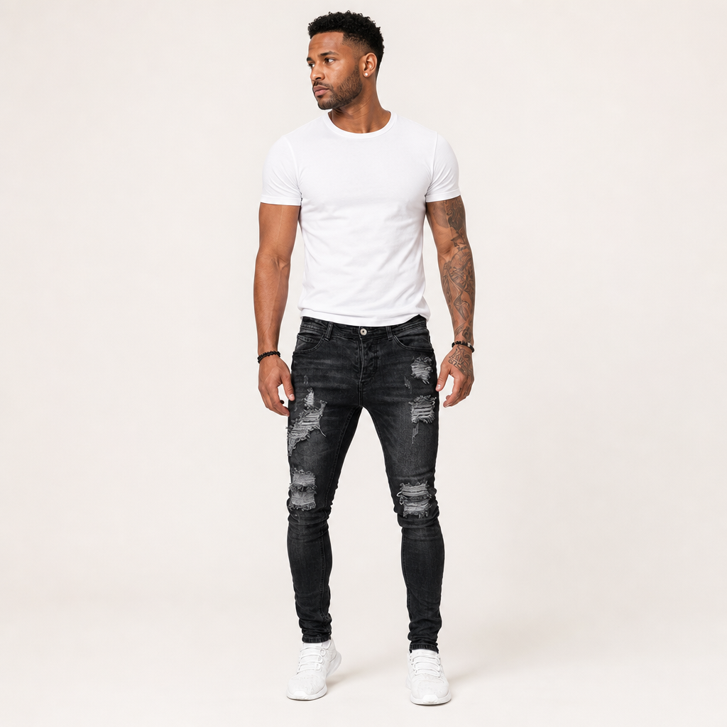 Men’s Skinny Ripped Jeans with Vintage Wash