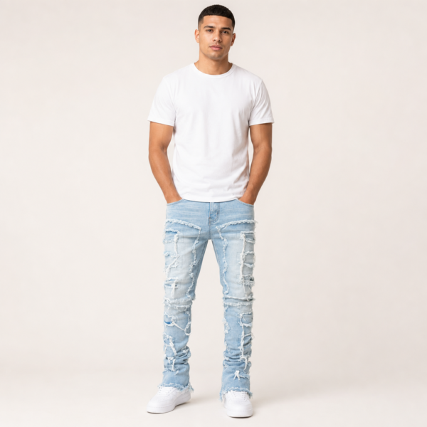 Men’s Slim Fit Stacked Ripped Patchwork Jeans