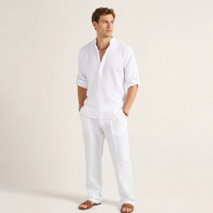 Men’s Stand Collar Roll-Sleeve Henley Shirt