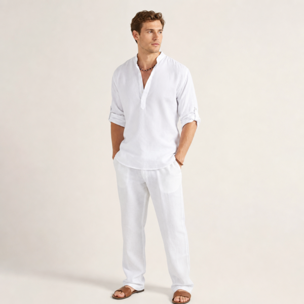 Men’s Stand Collar Roll-Sleeve Henley Shirt