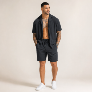 Men’s Textured Ribbed Short Sleeve Shirt and Shorts Set