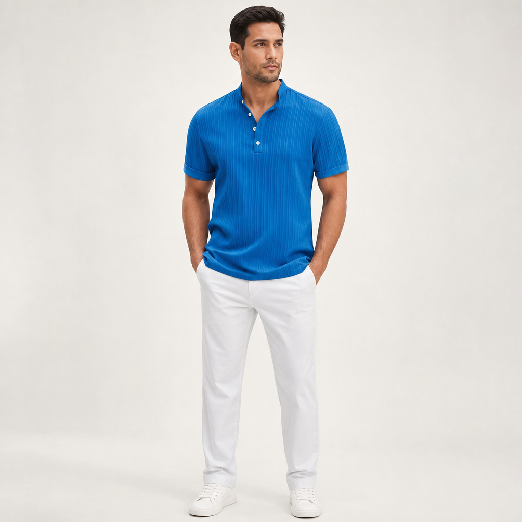 Men’s Textured Stand Collar Short Sleeve Button Shirt
