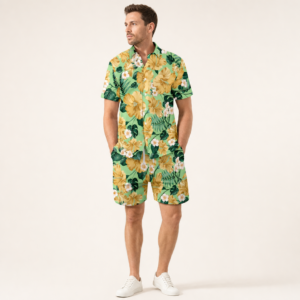 Men’s Tropical Floral Button Shirt and Drawstring Shorts Set