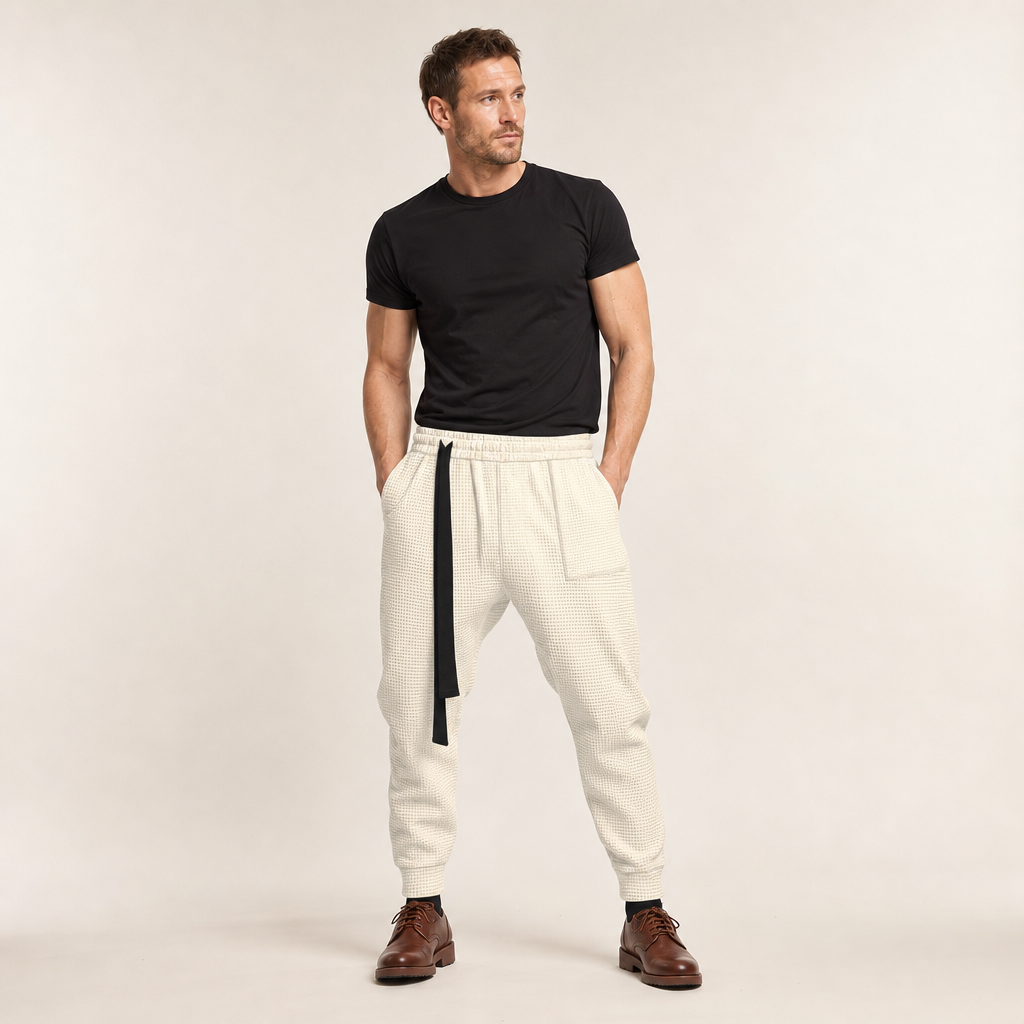 Men’s Waffle Texture Tapered Jogger Trousers with Drawstring Waist