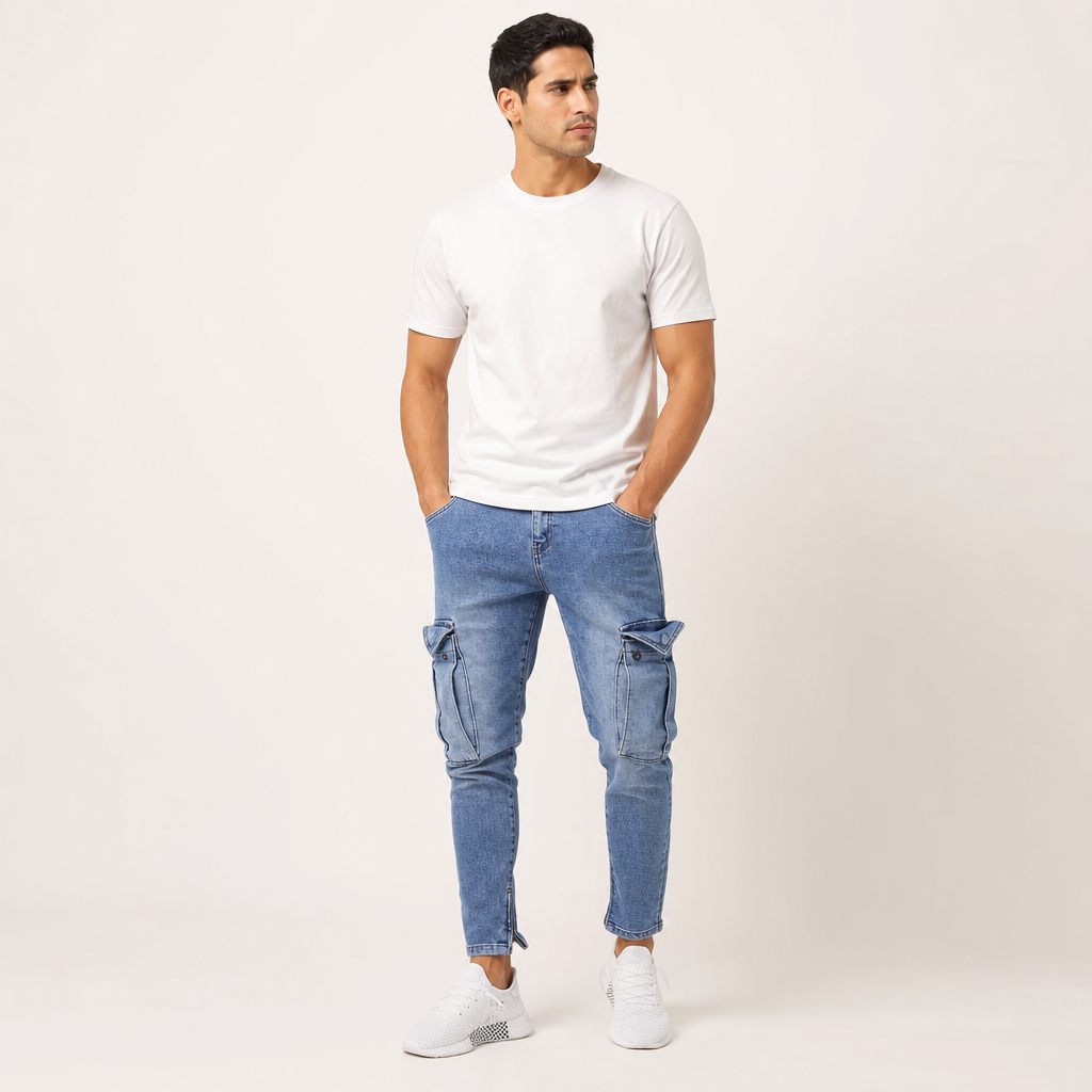 Men’s Washed Slim Tapered Cargo Pocket Jeans