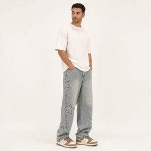 Men’s Wide Leg Star Embroidered Denim Jeans