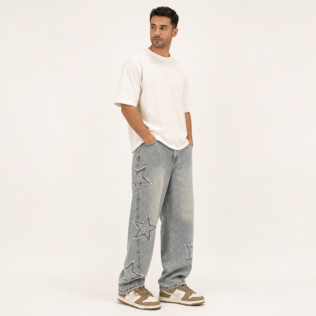 Men’s Wide Leg Star Embroidered Denim Jeans