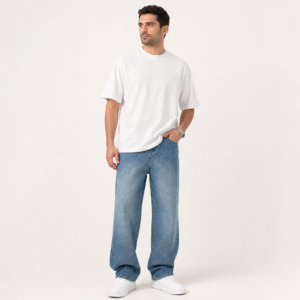 Men’s Wide-Leg Washed Denim Jeans with Five-Pocket Design