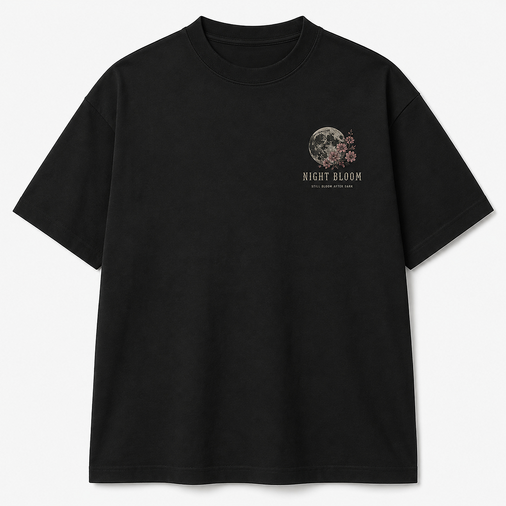 Night Bloom Tee in Black, front product photo with small chest graphic