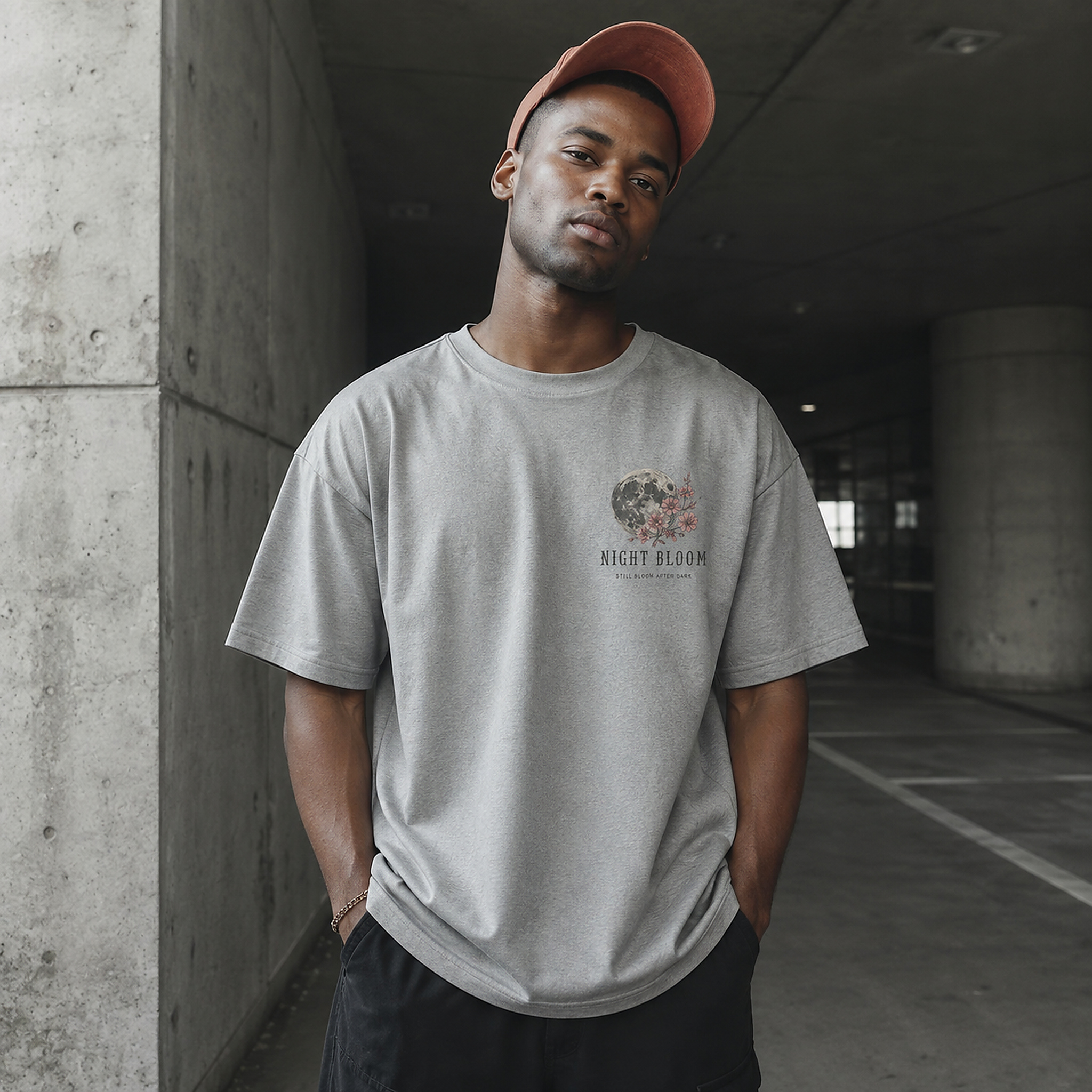 Model wearing the Night Bloom Tee in Light Asphalt from the front