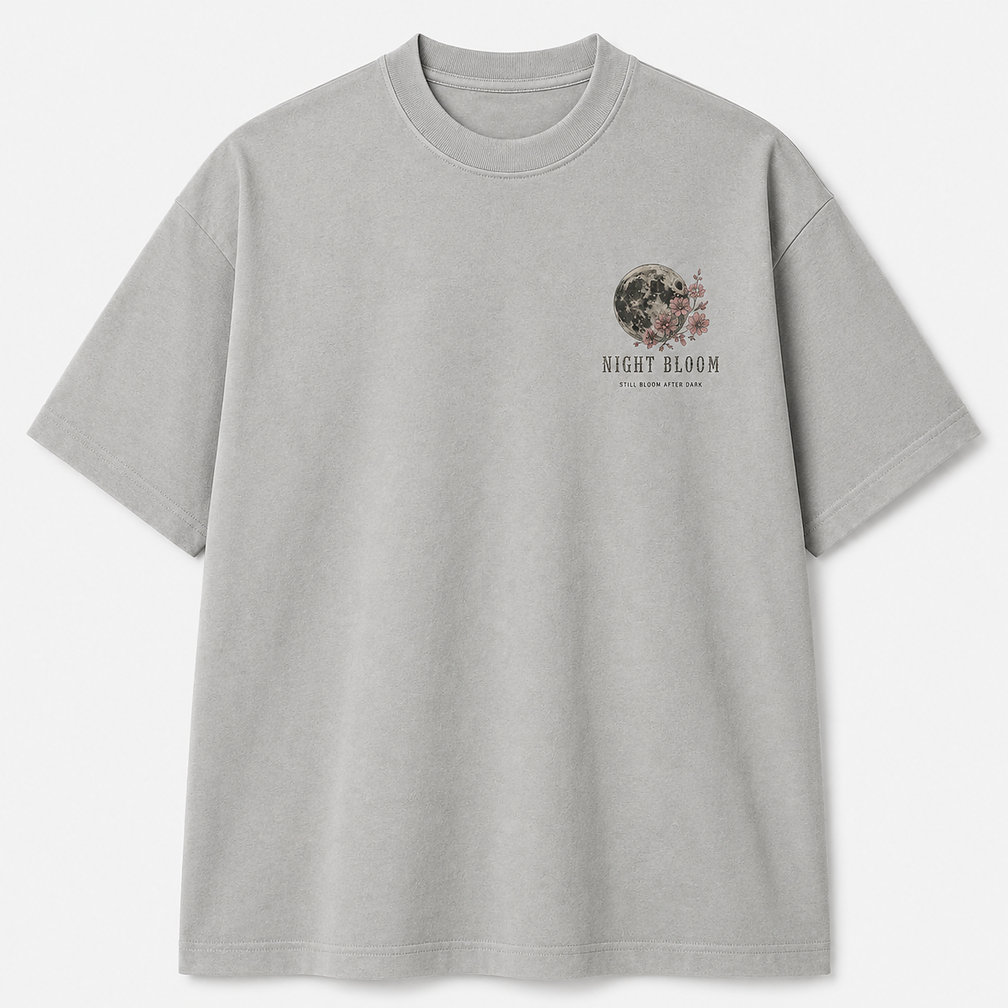 Night Bloom Tee in Light Asphalt, front product photo with small chest graphic