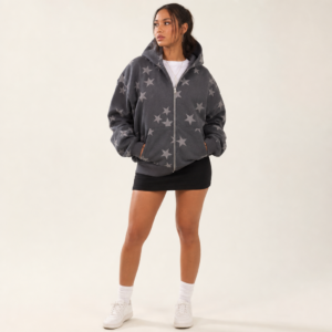 Star Print Full-Zip Hooded Jacket with Ribbed Trim