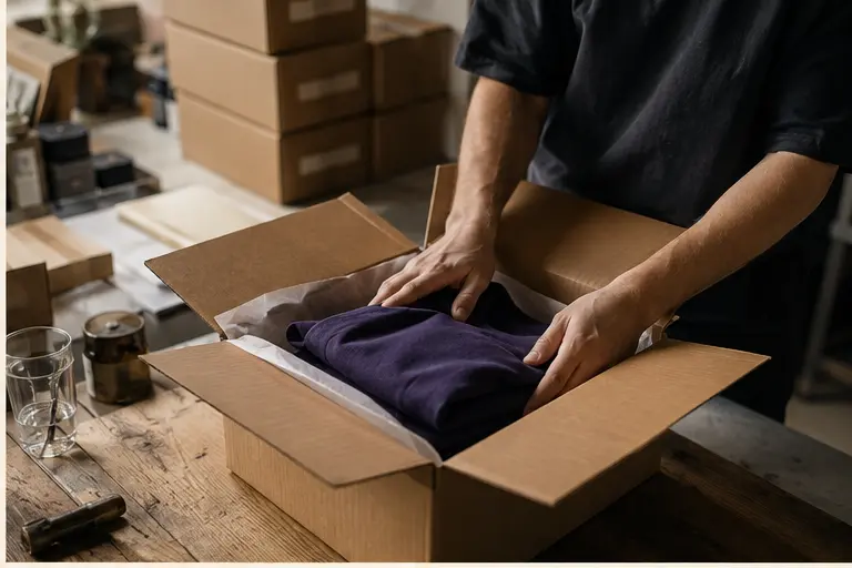 Documentary-style scene showing an apparel order being packed