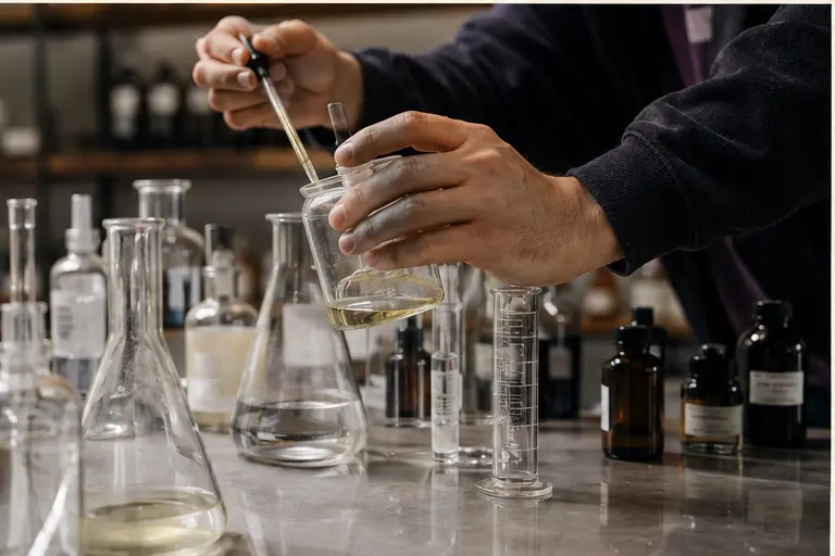 Documentary-style close-up of fragrance materials and an atomiser