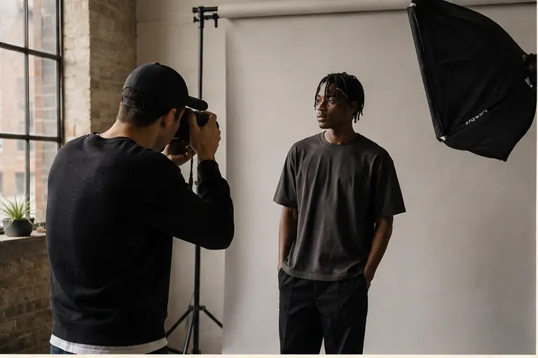 Documentary-style scene from a small streetwear photoshoot