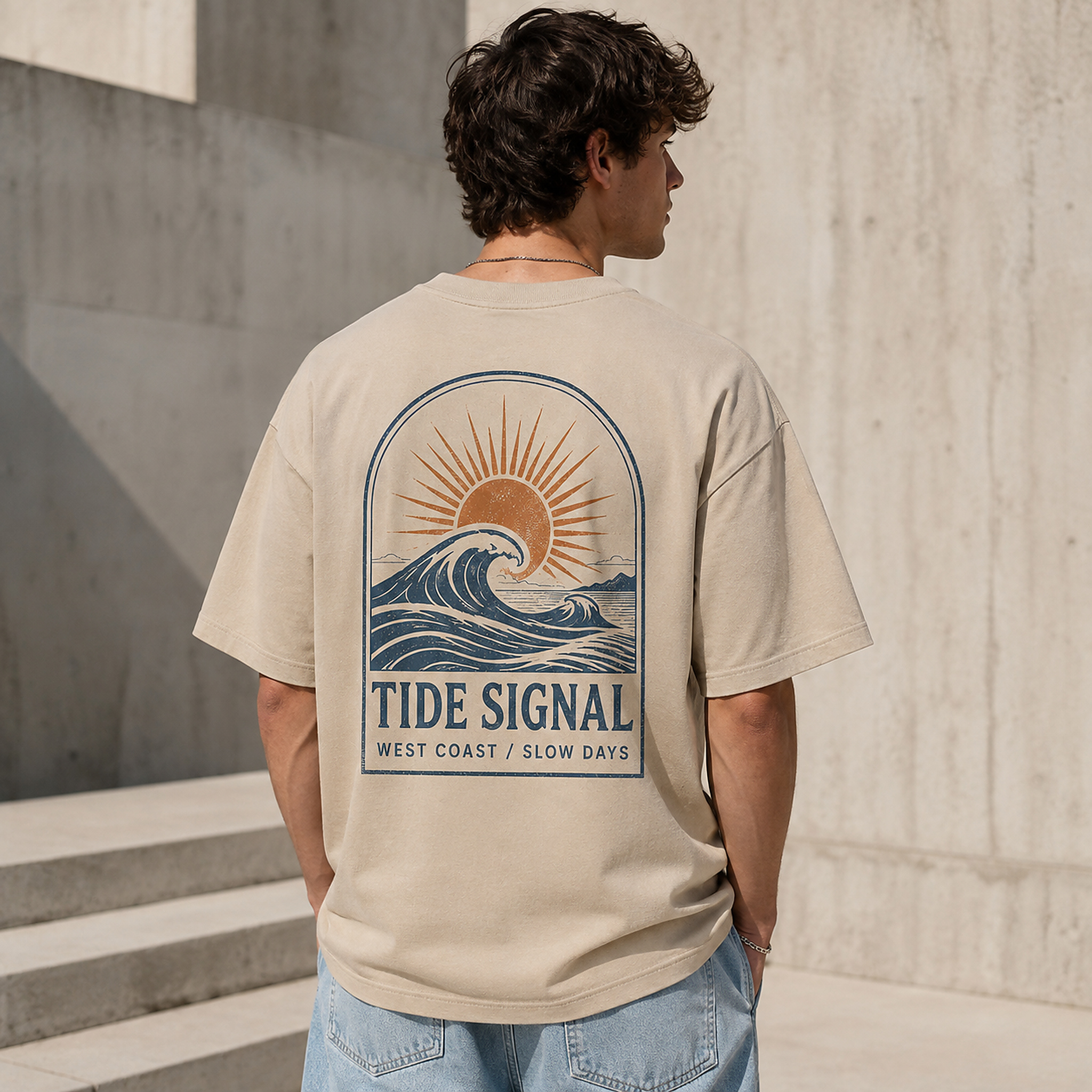 Model wearing the Tide Signal Tee in Sand from the back