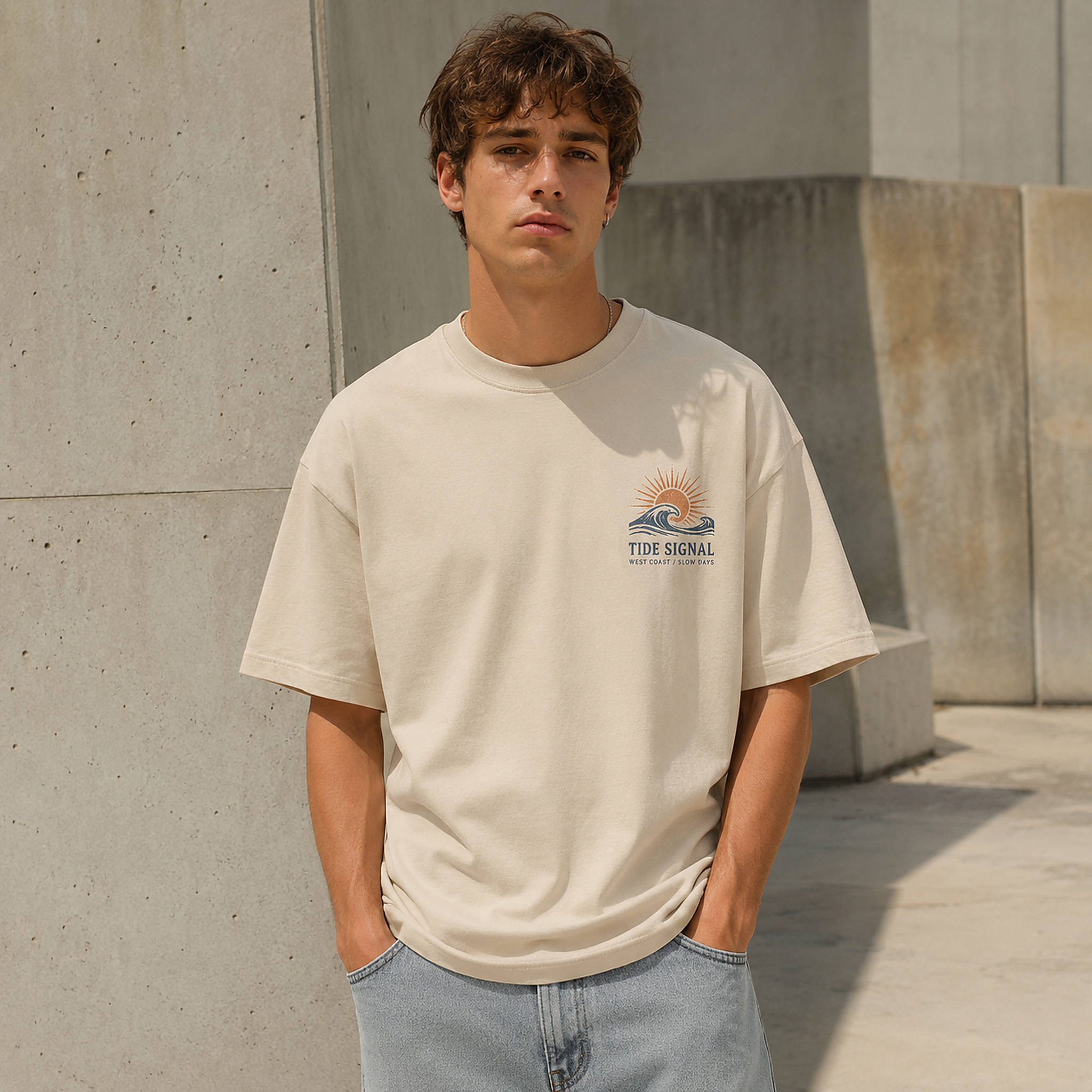 Model wearing the Tide Signal Tee in Sand from the front