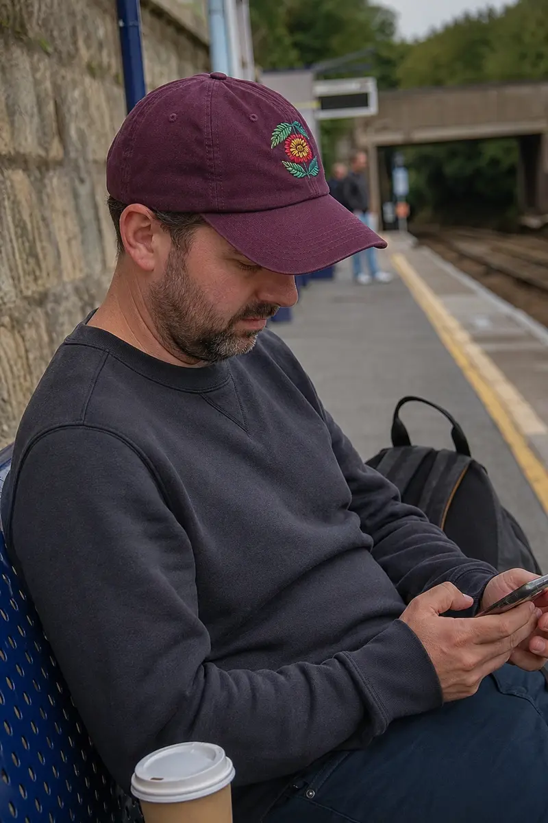 Candid phone-style photo of a person wearing a dark embroidered cap on a train platform