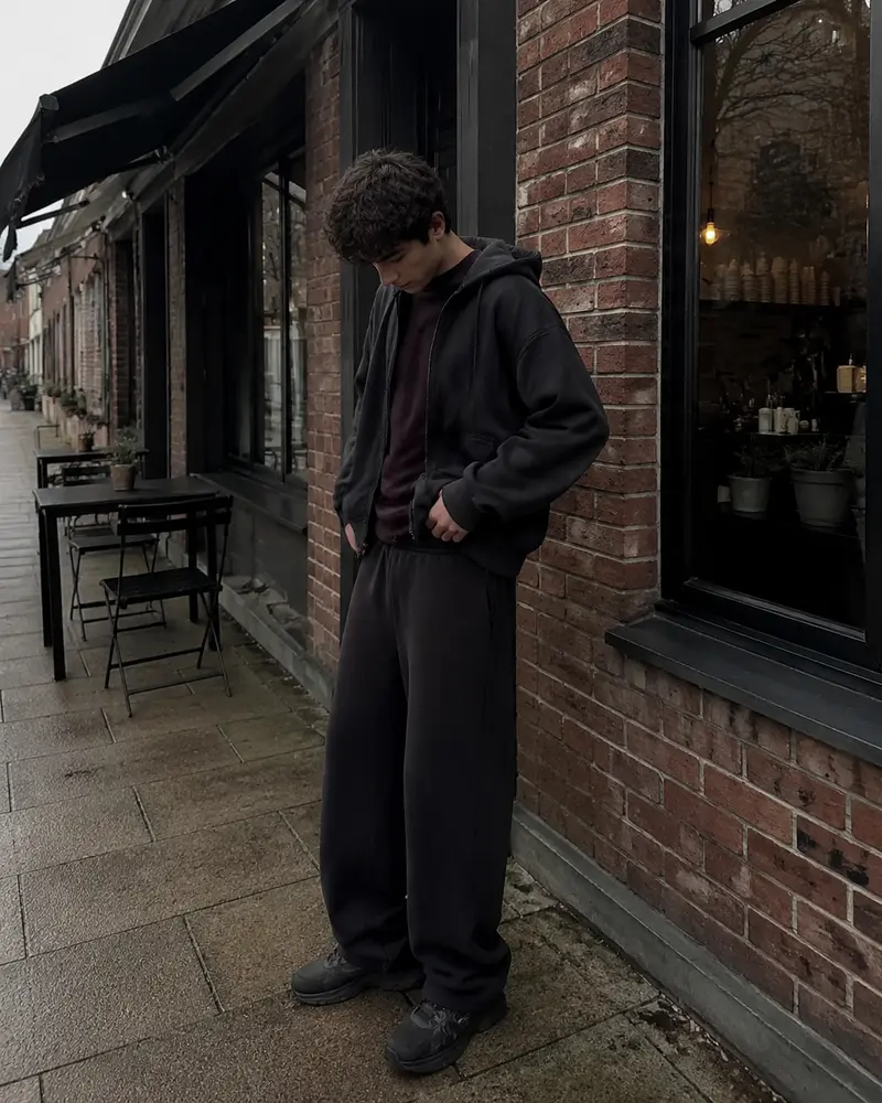 Candid phone-style photo of a person in charcoal and deep-aubergine streetwear outside a brick coffee shop