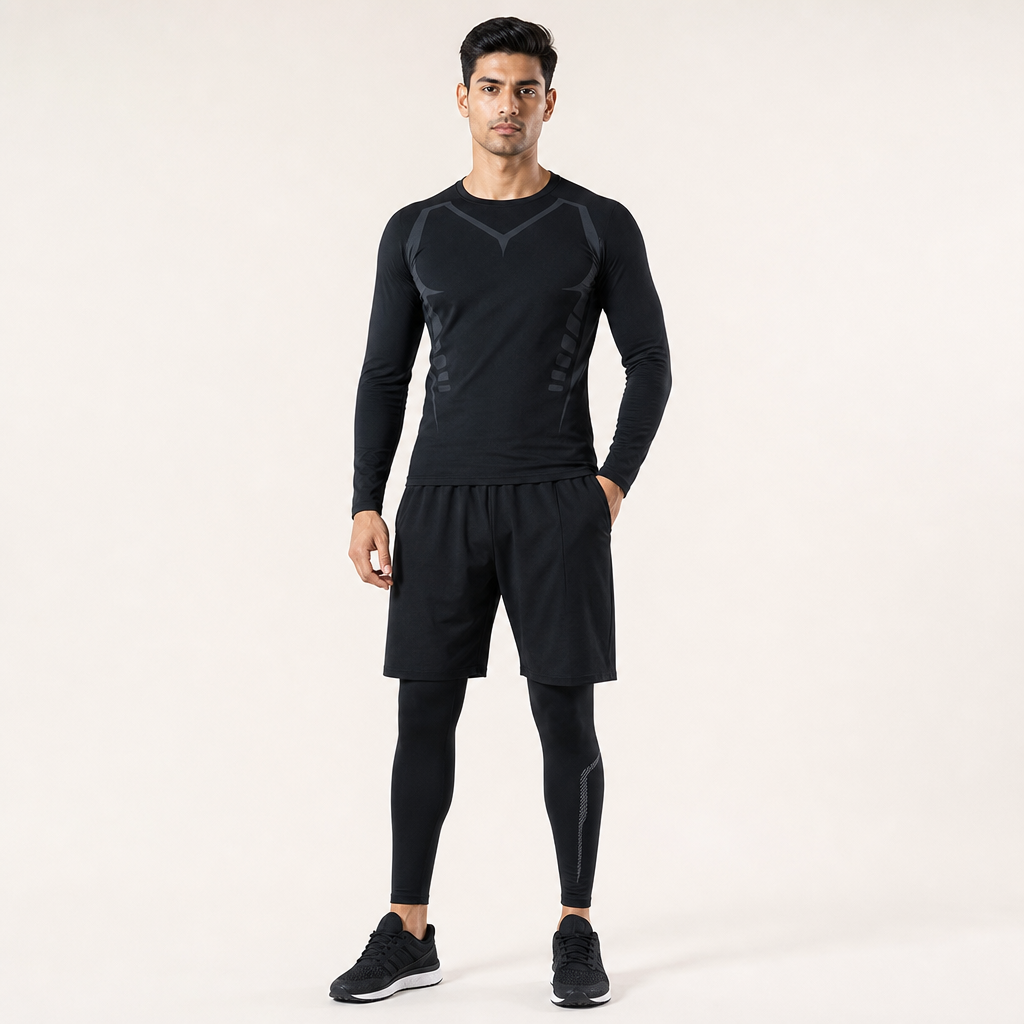 Unisex Black Long-Sleeve Sports Top and Shorts Set